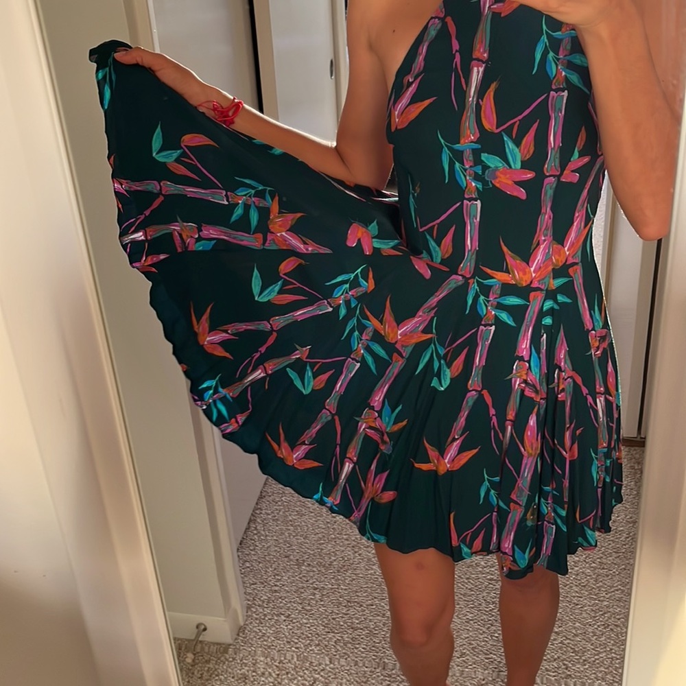 EUC Bamboo Floral Halter Skater Open Back Dress in Dark Green